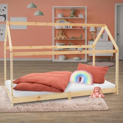 Kinderbed Huisbed 90x200 cm gemaakt van dennenhout Houten bed met dak en lattenbodem ML design