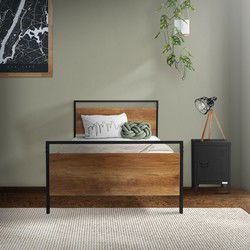 Bedframe eenpersoonsbed 90x200cm gemaakt van metaal in zwart met houten hoofdbord & voeteneind & lattenbodem ML design