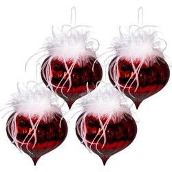 Clayre & Eef Kerstbal Set van 4  Ø 10 cm Rood Wit Glas Kerstboomversiering