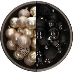 74x stuks kunststof kerstballen mix van champagne en zwart 6 cm - Kerstbal