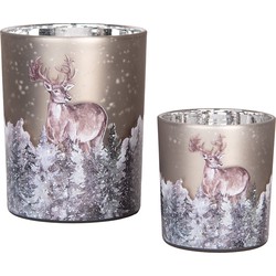 Clayre & Eef Theelichthouder Set van 2 Ø 7x8 / 10x13 cm Grijs Glas Hert