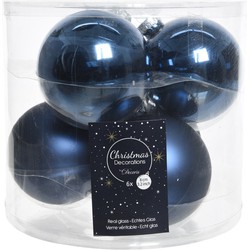 Kerstboomversiering donkerblauwe kerstballen van glas 8 cm 6 stuks - Kerstbal