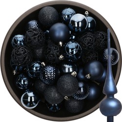 37x stuks kunststof kerstballen 6 cm incl. glazen piek mat donkerblauw - Kerstbal