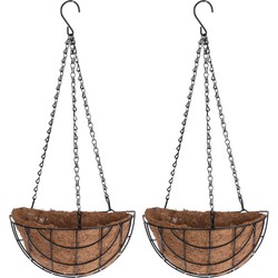 2x stuks metalen hanging baskets / plantenbakken halfrond zwart met ketting 31 cm - hangende bloemen - Plantenbakken