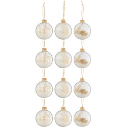 J-line - Doos Van 12 Kerstballen 4+4+4 Gedroogde Takjes Beige Glas Transparant - 8x8x10cm