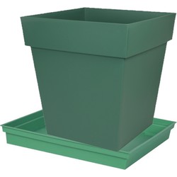 Bloempot Toscane vierkant kunststof donkergroen L39 x B39 x H39 cm inclusief onderschaal L33 x B33 - Plantenpotten