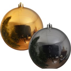 2x stuks grote kerstballen van 20 cm glans van kunststof goud en zilver - Kerstbal