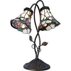 LumiLamp Tiffany Tafellamp  34x28x47 cm  Wit Bruin Glas Bloemen Tiffany Bureaulamp