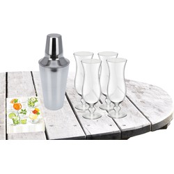 Cocktailshaker met 4x Cocktailglazen Hawaii transparant 440 ml - Cocktailglazen