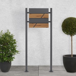 Staande brievenbus met krantenvak 37x36,5x11 cm antraciet/houtlook gemaakt van staal ML design, modern horizontaal ontwerp, stahoogte 120cm antraciet dubbele bodem