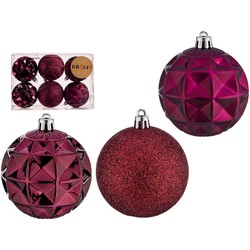 Krist+ kerstballen - 6x - bordeaux - kunststof - gedecoreerd -7 cm - Kerstbal