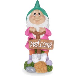 Giftdecor Tuinkabouter beeldje met Welcome bord - Polyresin - muts groen - 27 cm - decoratie dwerg - Tuinbeelden