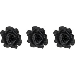 3x stuks decoratie bloemen roos zwart glitter op clip 10 cm - Kunstbloemen