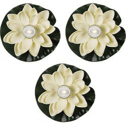 3x waterlelie met led-licht - wit - d13 cm - kunststof - drijvend - LED kaarsen