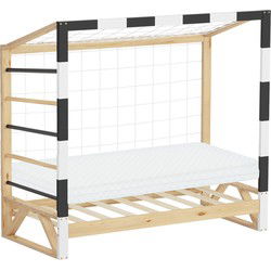 Kinderbed voetbaldoel 70x140 cm naturel grenen hout met matras H:10cm houten bed met lattenbodem klimladder & net ML-Design