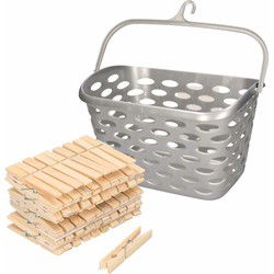 Wasknijpers mandje met ophanghaak - zilver - gevuld met 100x houten wasknijpers van 7 cm - knijperszakken