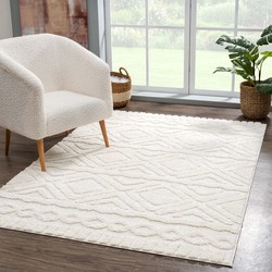 Solace Hoogpolig Crème vloerkleed - Geruit - 120 X 120 CM ROND