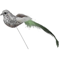 12x Vogels op steker zilver 15 cm met glitters decoratie materiaal - Kerststukjes
