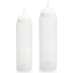 Doseerfles/sausfles - set 2x - 500/700 ml - met schenktuit - transparant - 18 en 23 cm - Maatbekers