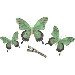 3x stuks Kerst decoratie vlinders op clip - groen - 12/16/20 cm - Feestdecoratievoorwerp