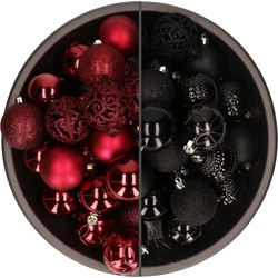 74x stuks kunststof kerstballen mix zwart en donkerrood 6 cm - Kerstbal