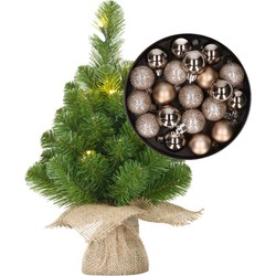 Mini kunst kerstboom - H45 cm - met leds en kerstballen - champagne - Kunstkerstboom