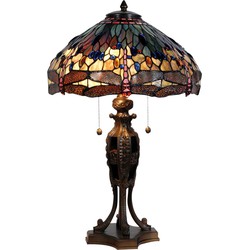 LumiLamp Tiffany Tafellamp  Ø 42x64 cm Blauw Bruin Glas Driehoek Libelle Tiffany Bureaulamp