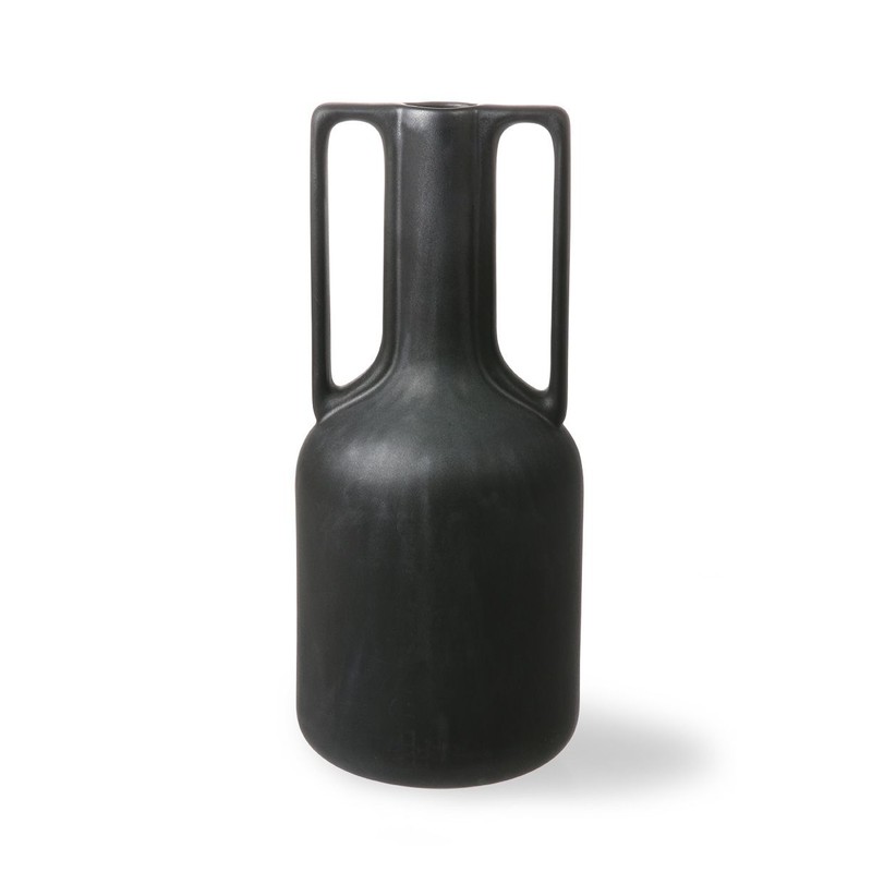 HKliving keramiek vaas zwart met handvatten - 