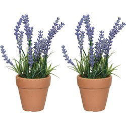 2x lavendel kunstplant in terracotta pot - lila paars - D6 x H18 cm - Kunstplanten