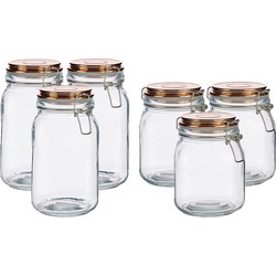 Set van 6x stuks luxe keuken voorraadpotten met klepdeksel koper 1000 ml en 1500 ml - Voorraadpot