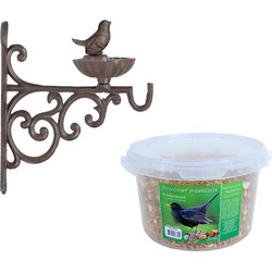 Wand vogel voederbak/drinkbak met haak gietijzer 19 cm inclusief 4-seizoenen mueslimix vogelvoer - Vogelhuisjes