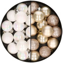 28x stuks kleine kunststof kerstballen champagne en parelmoer wit 3 cm - Kerstbal