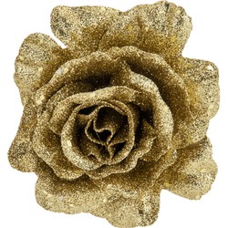 1x stuks decoratie bloemen roos goud glitter op clip 10 cm - Kersthangers