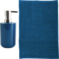 MSV badkamer droogloop mat - Milano - 40 x 60 cm - met bijpassend zeeppompje - donkerblauw - Badmatjes