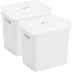 Set van 2x opbergboxen/opbergmanden wit van 25 liter kunststof met transparante deksel - Opbergbox