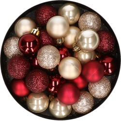 28x stuks kunststof kerstballen parel/champagne en donkerrood mix 3 cm - Kerstbal