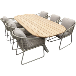 Set Noas dining tafel 220x100x76 cm oval alu salix/teak en 6 Bara dining chairs alu salix/rope salix/flax beige AW