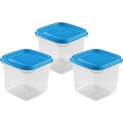 Hega Hogar Vershoudbakjes - set 3x stuks - 0.3 liter - transparant/blauw - L8 x B8 x H11 cm - Vershoudbakjes