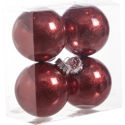 4x stuks kunststof kerstballen met glitter afwerking rood 8 cm - Kerstbal