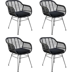 QUVIO Fauteuil tuinstoel Jade - Met kussen - Staal - PE rattan - Zwart - Set van 4