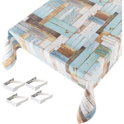 Tafelkleden/tafelzeilen hout print blauw 140 x 245 cm rechthoekig met 4x tafelkleedklemmen - Tafelzeilen