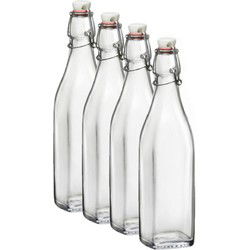 Bormioli Rocco beugelfles/weckfles - 4x - 1 liter - glas - vierkant - water/olie/azijn/sapjes - Weckpotten