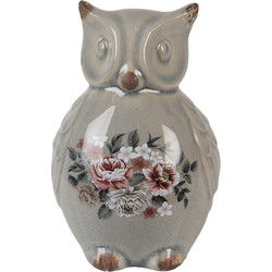 Clayre & Eef Decoratie Beeld Uil Grijs Keramiek Bloemen