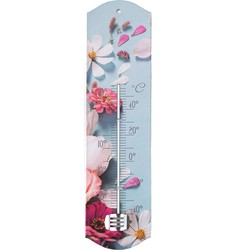 Alma Garden Binnen/buiten thermometer met lentebloemen print - blauw/roze - metaal - 29 x 6.5 cm - Buitenthermometers