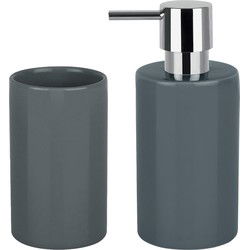 Spirella Badkamer accessoires set - zeeppompje/beker - porselein - donkergrijs - Badkameraccessoireset