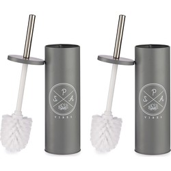 Set van 2x stuks toiletborstel/wc-borstel donker grijs met tekst aluminium 37 cm - Toiletborstels