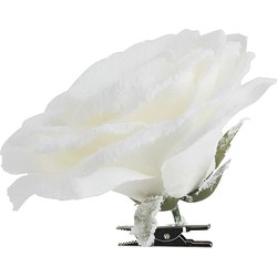 1x Kerstversieringen witte roos met sneeuw op clip 15 x 5 cm - Kersthangers