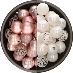 74x stuks kunststof kerstballen mix van lichtroze en parelmoer wit 6 cm - Kerstbal