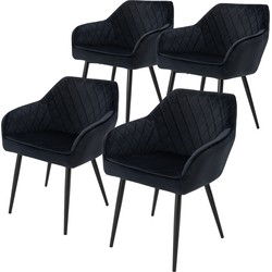 Eetkamerstoel set van 4 diamond quilting zwart fluwelen bekleding met metalen poten incl. montagemateriaal ML-Design