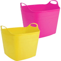 Voordeelset van 2x stuks kunststof flexibele emmers/wasmanden/kuipen 40 liter in het roze/geel - Wasmanden